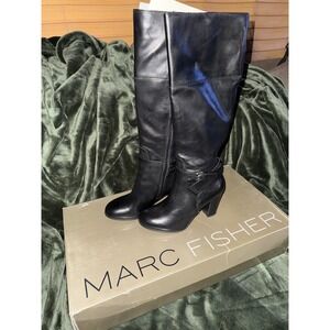 Marc Fisher Kevins Black Leather Knee High Block Heel Boots MFKEVINS Size 8M